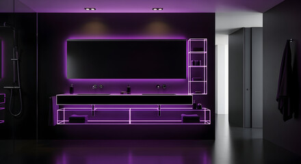 Obraz premium Modern Bathroom Design With Neon Purple Lighting, Illuminated Fixtures and Mirror