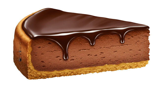 Slice of chocolate cheesecake with dripping ganache glaze isolated on white transparent background 3D rendered PNG element, Delicious chocolate cake slice ong
