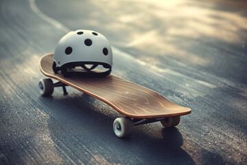 White helmet on wooden skateboard. Protective gear with board in soft sunlight. Ideal for sports, safety, and skateboarding themes