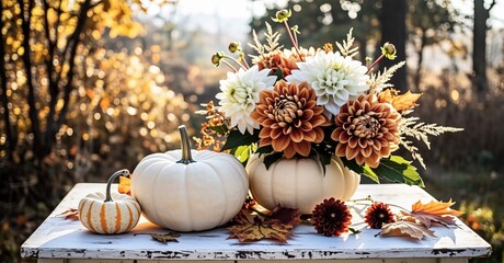 Pumpkins and flowers on the white wooden table