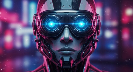 Futuristic robot face portrait with glowing eyes and cybernetic design