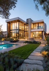 Fototapeta premium Modern house with pool and landscaping at dusk