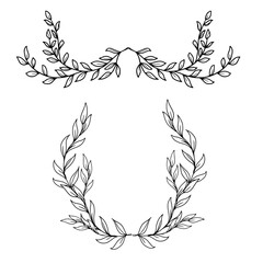 Twigs with leaves on round frames and flower corners, black and white sketch, simple drawing. Vector illustration. Floral botanical wreath, a set of silhouettes isolated on a white background. 