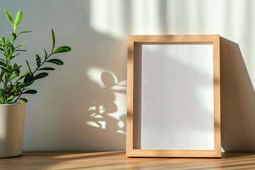 Sunlit wooden frame with plant shadow. Blank frame and potted plant in cozy interior. Ideal for mockups, home decor, or minimalist design.