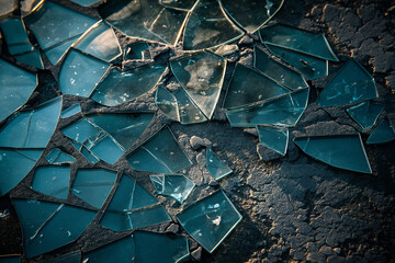 Broken blue glass pieces. Shattered fragments on rough surface. Ideal for abstract, danger, or texture backgrounds.