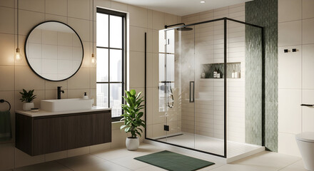 Modern Bathroom Interior Design Featuring Shower, Mirror, and Decorative Accents Of Luxury