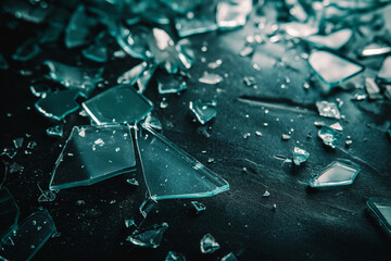 Dark shattered glass fragments. Broken glass pieces with moody lighting. Ideal for abstract, danger, or dramatic visuals.