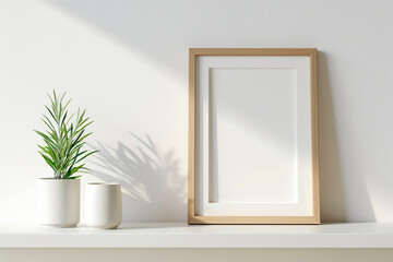 Sunlit frame with plant decor. Blank wooden frame and potted greenery. Ideal for mockups, minimal design, or interior themes.