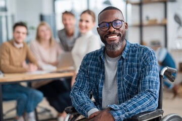 A black man in a wheelchair smiles confidently while engaging with a group of colleagues in a contemporary office setting. The diverse team collaborates around a wooden table with laptops