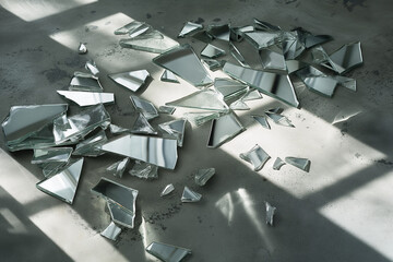 Scattered mirror shards on concrete. Broken glass pieces in sunlight. Ideal for abstract, danger, or dramatic design themes.