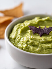 A bowl of green dip, adorned with a purple bat-shaped decoration, sits amidst crispy chips. Spooky snack time! This is a simple, fun snack or appetizer.