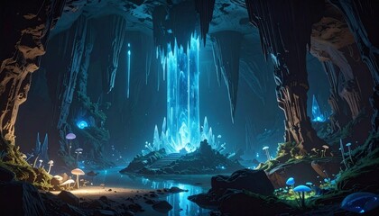 A colossal underground kingdom with glowing crystal pillars, vast caverns stretching endlessly, rivers of glowing blue fungi, and strange towering creatures with multiple eyes and twisted limbs, cinem