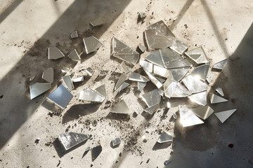 Broken mirror shards on floor. Scattered reflective glass pieces in sunlight. Ideal for abstract, conceptual, or dramatic visuals.