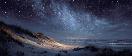 Cinematic Wide Beach Under Stars with Glowing Ghost Footprints