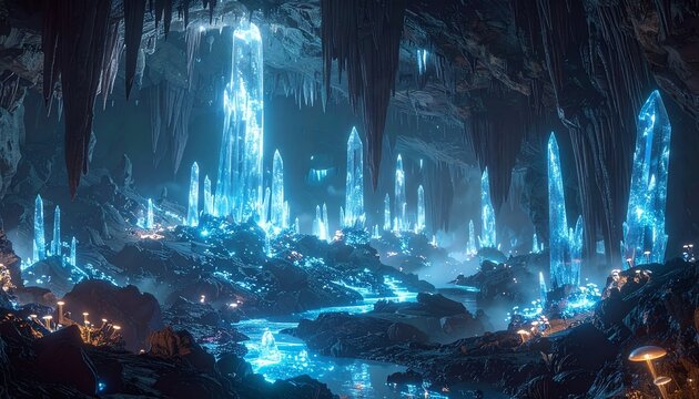 A colossal underground kingdom with glowing crystal pillars, vast caverns stretching endlessly, rivers of glowing blue fungi, and strange towering creatures with multiple eyes and twisted limbs, cinem