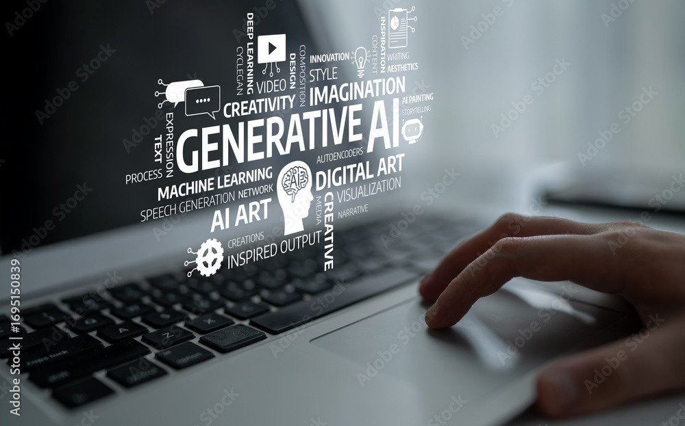 Poster a close-up of a hand typing on a laptop, accompanied by floating words about generative ai and digit