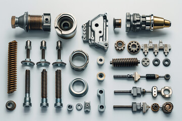 Organized array of metal parts. Assorted mechanical fasteners and components. Ideal for engineering, repair, or manufacturing visuals.