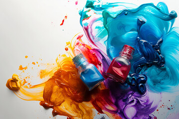 Vivid swirl of spilled paint. Open bottles with colorful splashes. Ideal for creativity, art, or design concepts