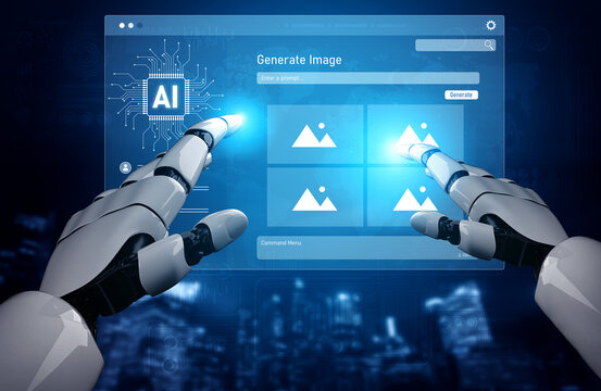 AI platform generating art images with dynamic interface. AI-generated content appears in image gallery artificial intelligence view. Genrative AI loading multiple image from AI design engine. Vouch