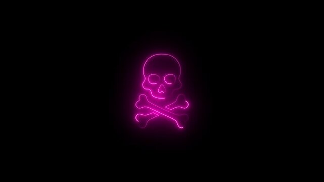 Glowing neon skull icon animation 4k video. Abstract Neon Hard Danger Background Animation. Danger icon made of neon light Pirate skull emoji,
