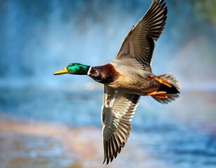 Obraz premium a vibrant mallard duck soaring gracefully through the air showcasing its stunning plumage and natural beauty