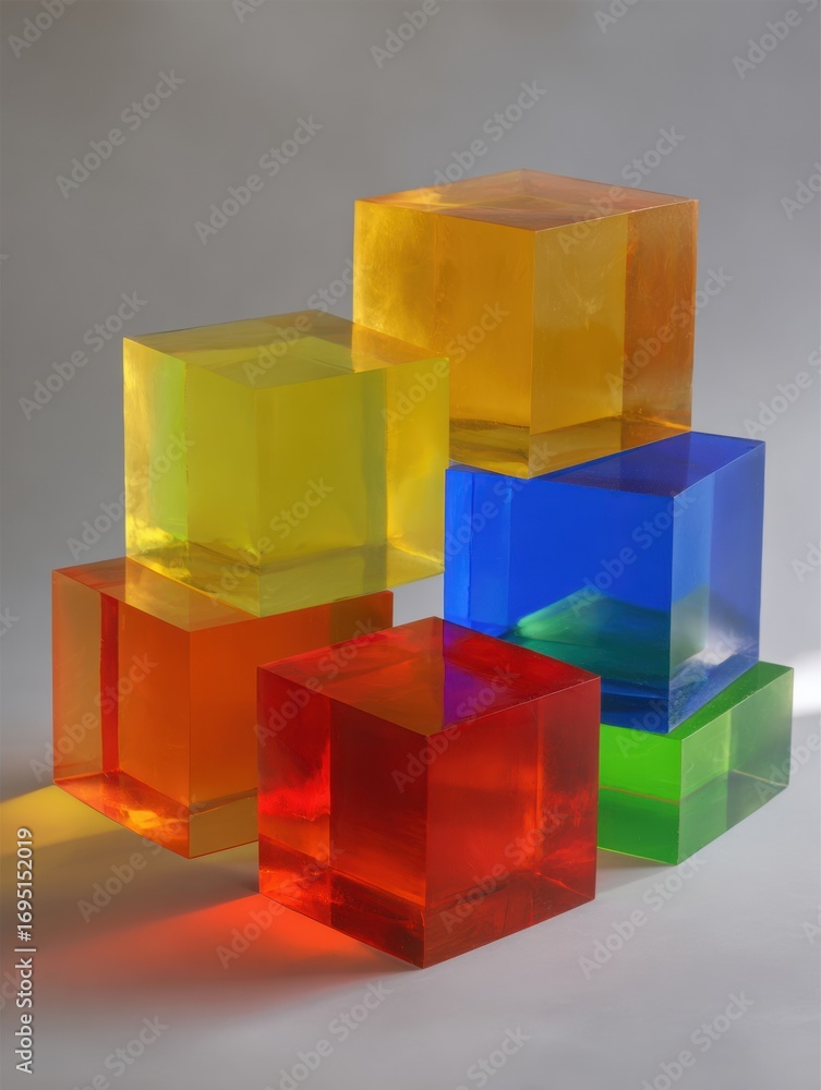 Poster colorful transparent acrylic blocks stacked in an artistic arrangement with reflected light creating