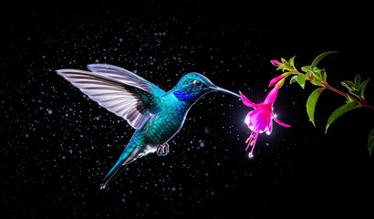 Fototapeta premium hummingbird and flower in abstract black background