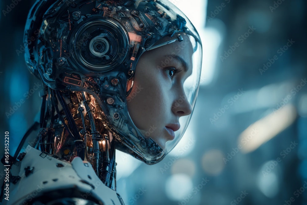 Poster a humanoid robot stands in a high-tech setting, showcasing its complex internal mechanisms and futur