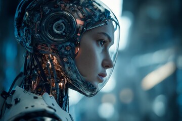 A humanoid robot stands in a high-tech setting, showcasing its complex internal mechanisms and futuristic design. The atmosphere is illuminated with soft blue lights, highlighting the details