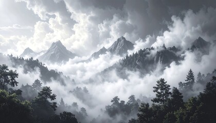 Misty mountain range shrouded in clouds