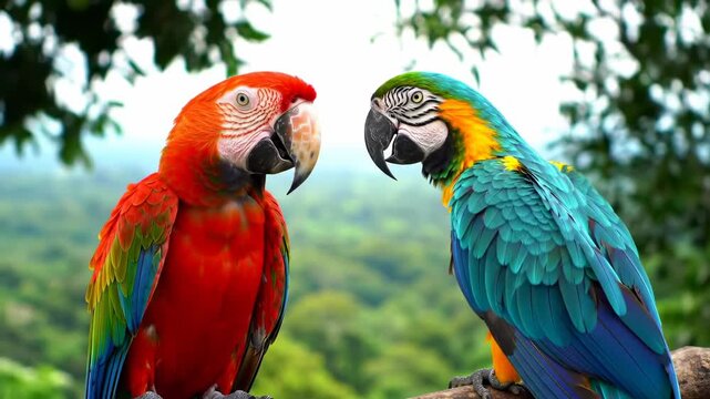 Two colorful parrots in a lush jungle setting