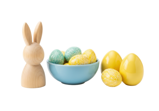 Whimsical hand-carved wooden Easter bunny figurine with pastel blue ceramic bowl holding patterned mint and yellow eggs, set on a transparent studio background, high-end artisanal spring collection