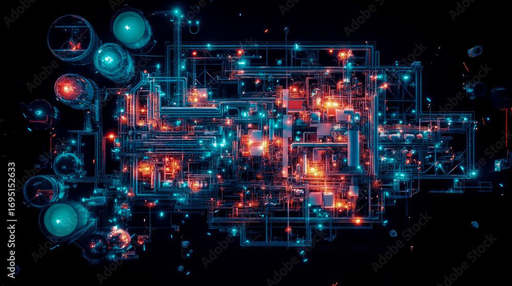 Poster hypnotic visualization of high-tech energy grid, showcasing intertwined pipelines, illuminated data 