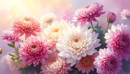 A beautiful bouquet of vibrant pink and white chrysanthemums, showcasing a delicate and detailed floral design in a soft, light-filled setting.