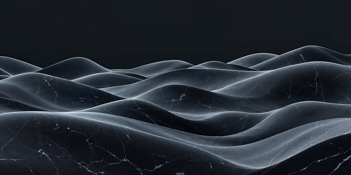 A minimal landscape of rolling hills made entirely of reflective black surfaces, with soft sky and cloud reflections