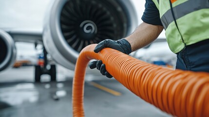 Medium shot of ground crew in safety vest handling sustainable aviation fuel hose during aircraft refueling.