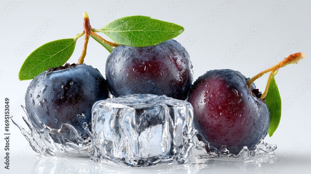 Poster a close up of three blueberries with a leaf on top of a block of ice. the blueberries are surrounded
