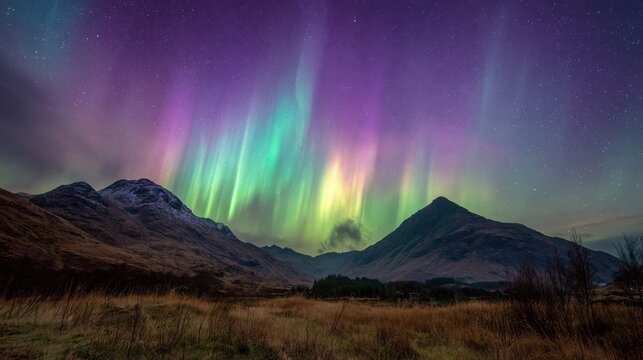 A majestic landscape undera starry night sky with flwing curtains of green andpurple aurora over a mountin range.