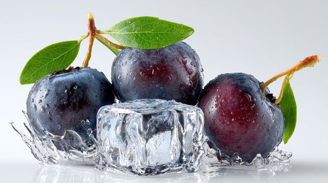 A close up of three blueberries with a leaf on top of a block of ice. The blueberries are surrounded by water droplets, giving the impression of a splash or a wave