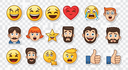 Expressive emoji stickers and cartoon faces conveying joy sadness and surprise for dynamic digital communication and design projects, Generative AI.