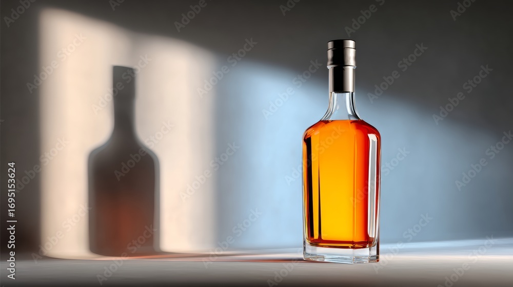 Aufkleber a bottle of liquor is sitting on a table in front of a window. the bottle is half full and the light