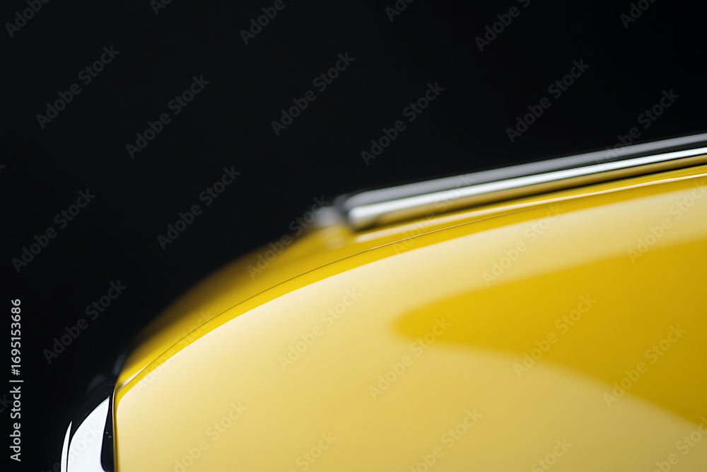 Poster close-up abstract of a yellow vehicle showcasing the curve of the body and a shiny chrome trim again