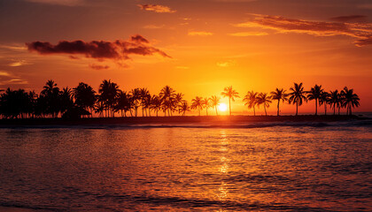 Sunset Photograph With Fiery Sun Over Ocean And Silhouetted Palm Trees On Horizon