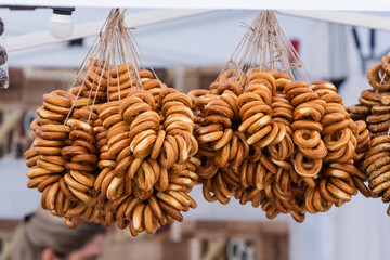 Sushki, traditional Russian, also Ukrainian and Lithuanian, Eastern European small, crunchy, mildly sweet bread rings eaten for dessert, usually with tea or coffee in a street food regional market