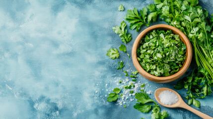 Freshly chopped green parsley in wooden bowl with whole sprigs and coarse sea salt on rustic blue background, ready for cooking