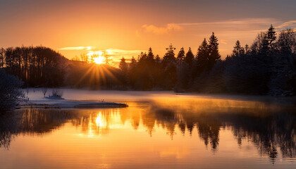 Obraz premium New Year S Sunrise Over Tranquil Landscape And Reflective Lake