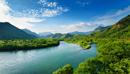 Fototapeta premium A Picturesque Scene Featuring A Winding River Surrounded By Lush Greenery And Mountains In The Background Epitomizing Natural Beauty And Tranquility
