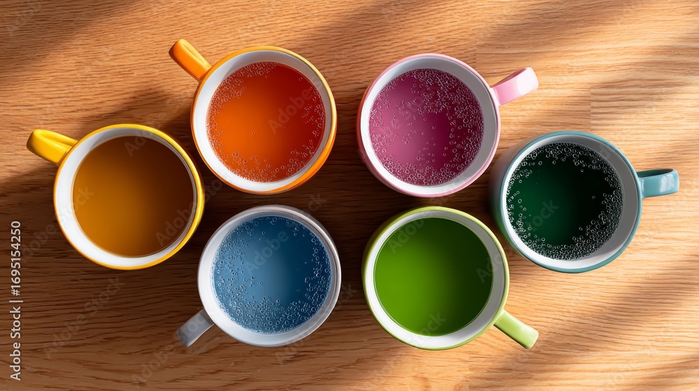 Poster a row of colorful cups filled with different colored drinks. the cups are arranged in a row on a woo