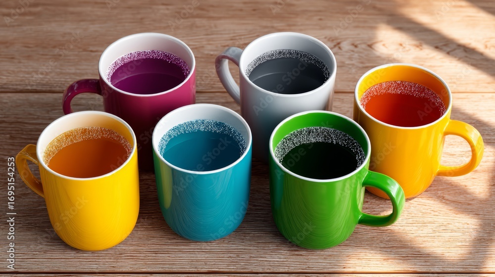 Poster a row of colorful coffee cups sit on a wooden table. the cups are arranged in a rainbow pattern, wit