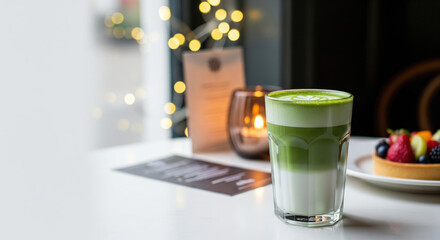 iced matcha latte with a fruit tart in a chic cafe